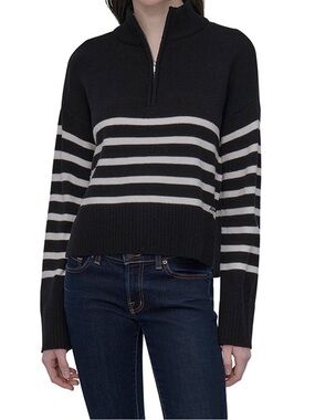 DKNY Quarter Zip Black and Ivory White - Striped Turtleneck Sweater XL - NWT
